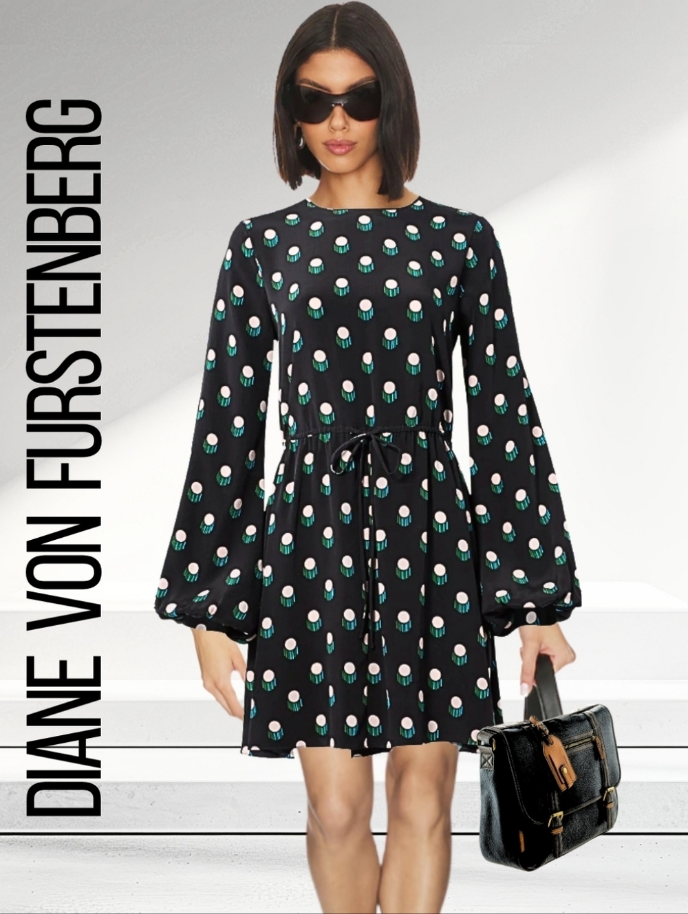 Diane Von Furstenberg 100% Silk Black White Polka Dot Flare Lined Dress New